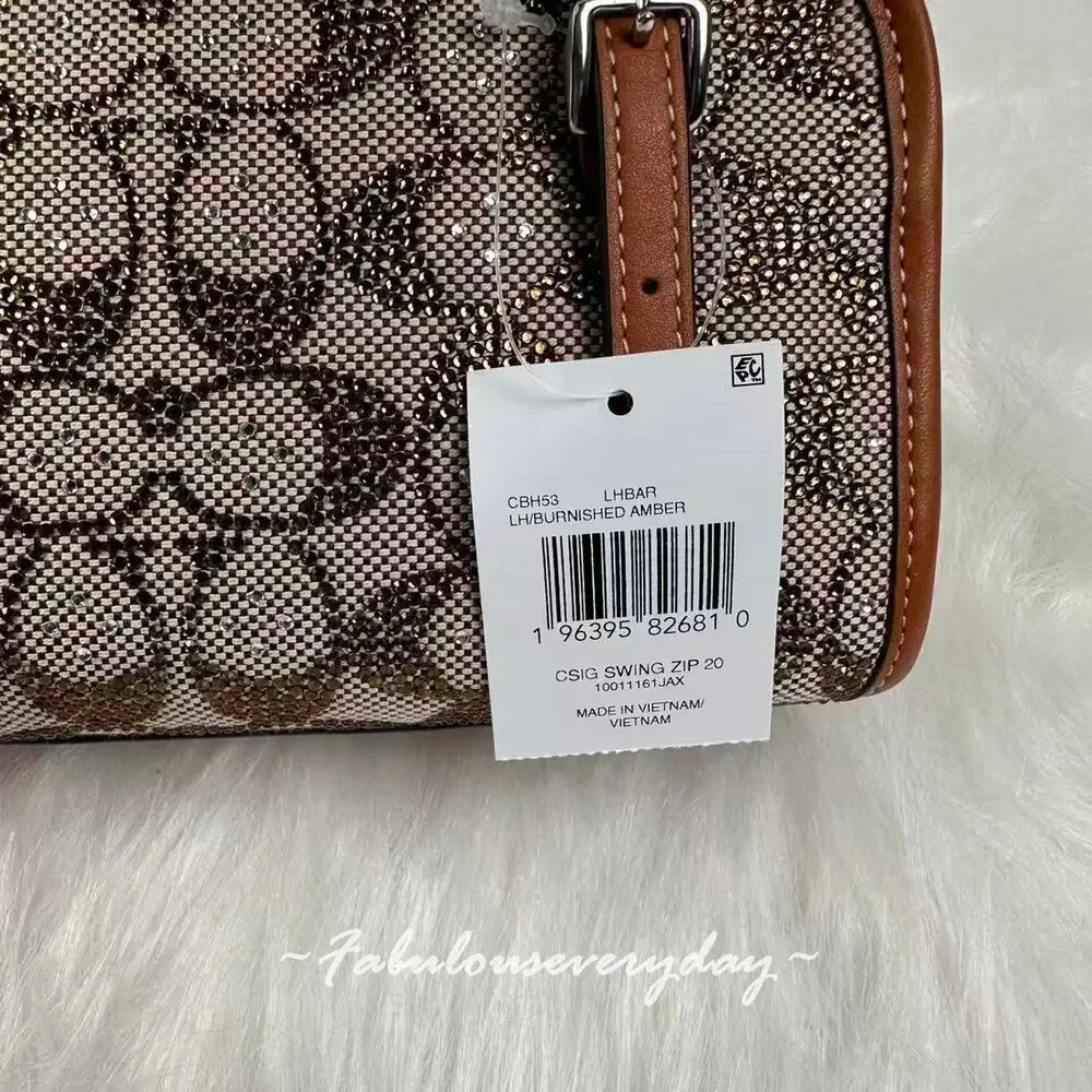 Coach Swing Zip Bag 20 Crystal Signature Jacquard Silver/Burnished Amber CBH53